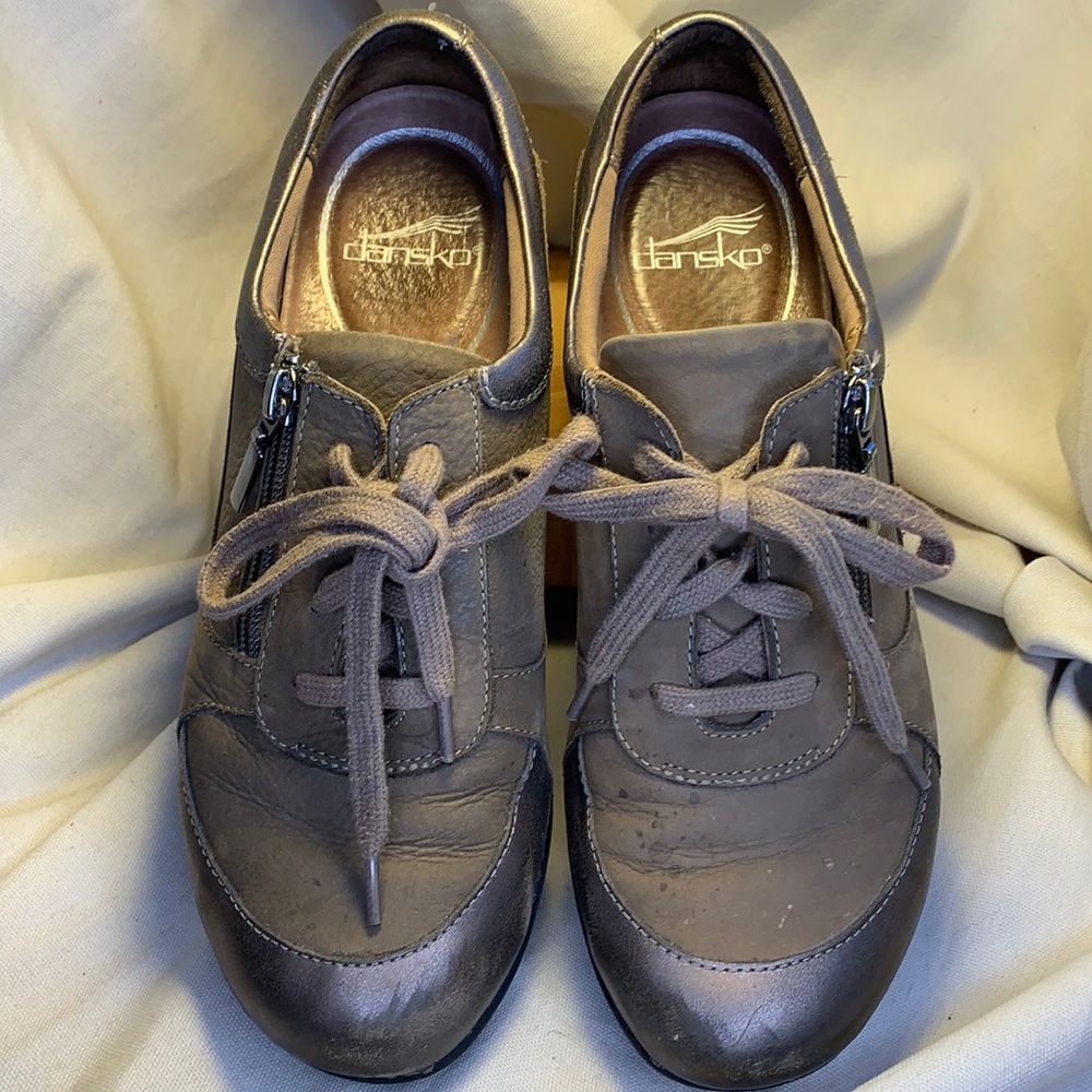 Dansko leather lace up/zipper wedge metallic shoes 2